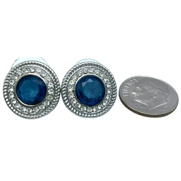 Marlyn Schiff Earrings Rhinestone Pierced Sapphire Blue Color 16mm SIGNED - Picture 4 of 4